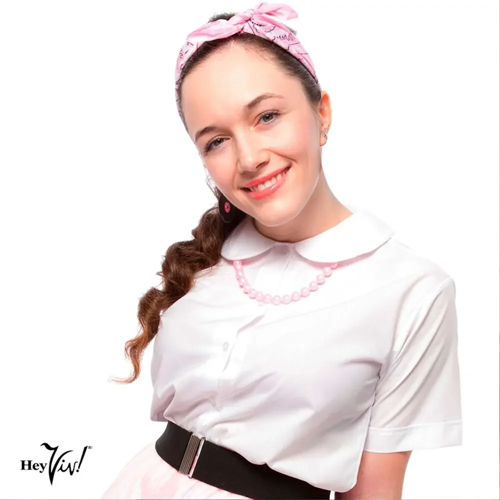 White Peter Pan Collar Short Sleeve Blouse Button Up Poly Cotton Adult Sz Large - Picture 4 of 7